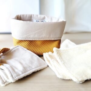 panier et lingettes tissu nid d'abeille moutarde kit couture